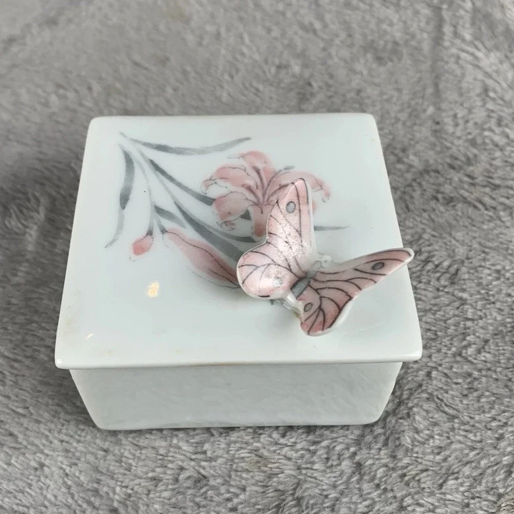 Vintage Porcelain Trinket Box Square With 3D Butterfly On Lillies White & Pink